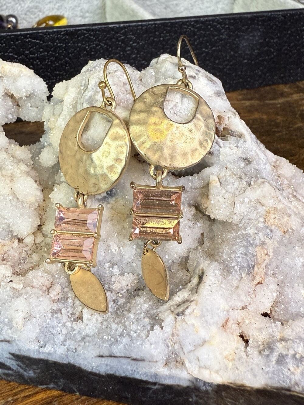 Vintage Retro Style Goldtone Textured Earrings with Pink Glass Drops